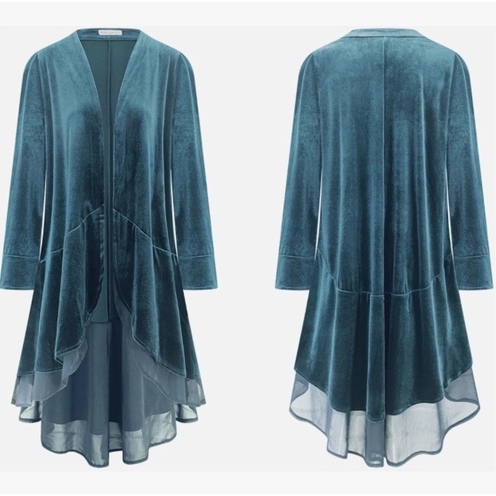 R. Vivimos Velvet Coatigan Womens Medium Blue New Long Sleeve Maxi Coat C434